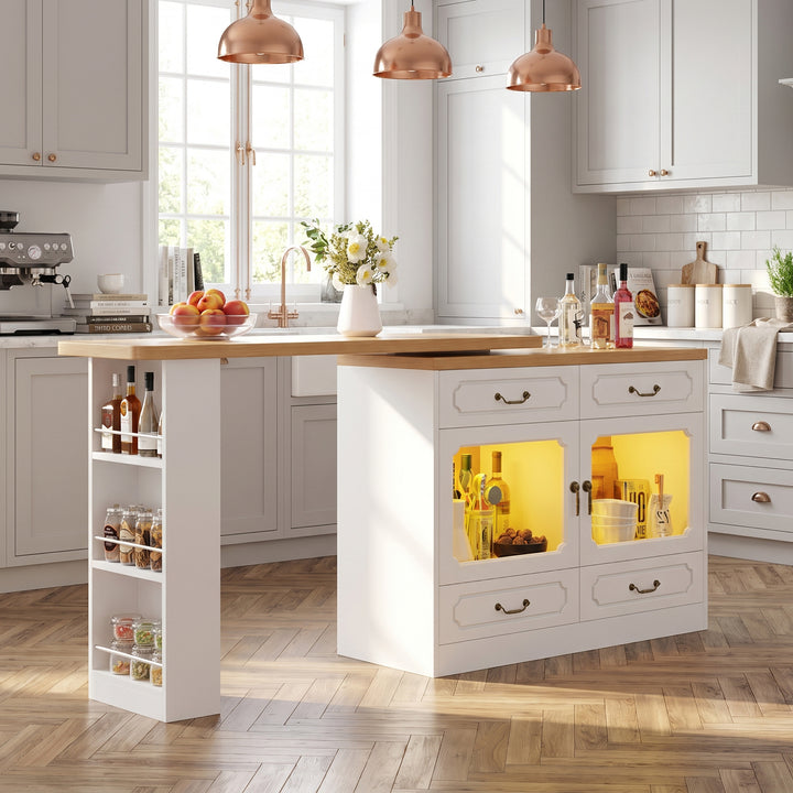 White kitchen island bar table, 360° rotating with LED lights and drawers ASHBASKET