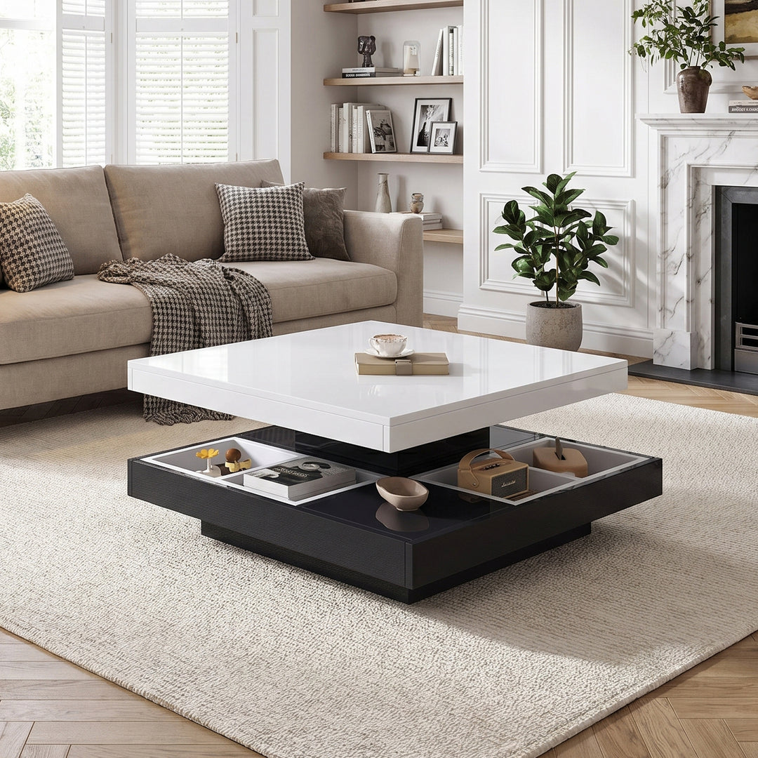 360° rotating high-gloss white & black coffee table, marble-patterned, double-layer ASHBED