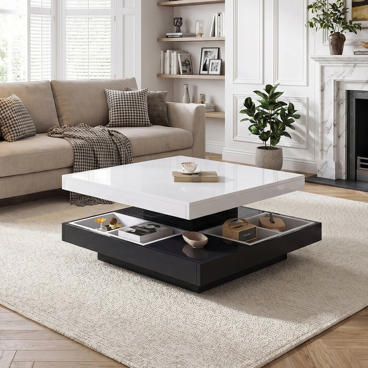360° rotating high-gloss white & black coffee table, marble-patterned, double-layer ASHBED