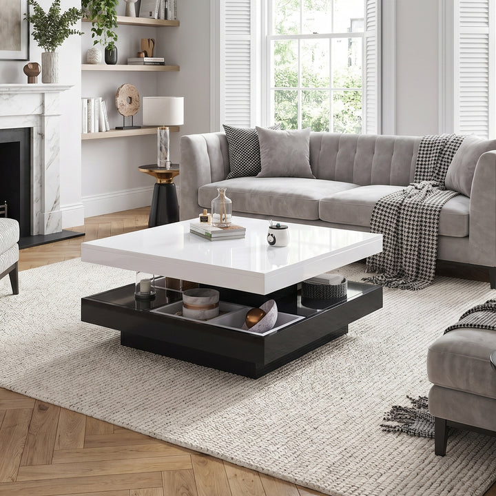360° rotating high-gloss white & black coffee table, marble-patterned, double-layer ASHBED