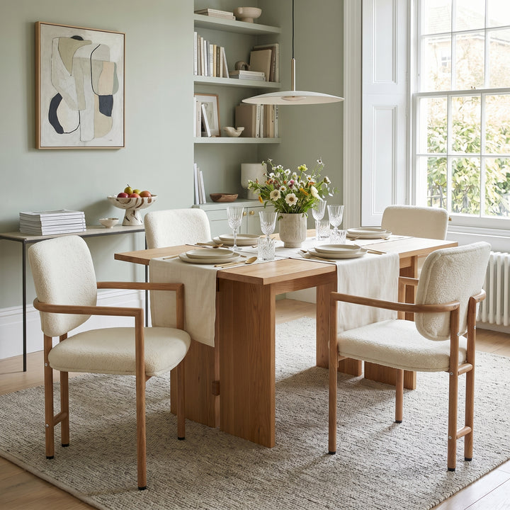 Set of 4 dining chairs with bouclé beige upholstery wooden look structure ASHCABINET