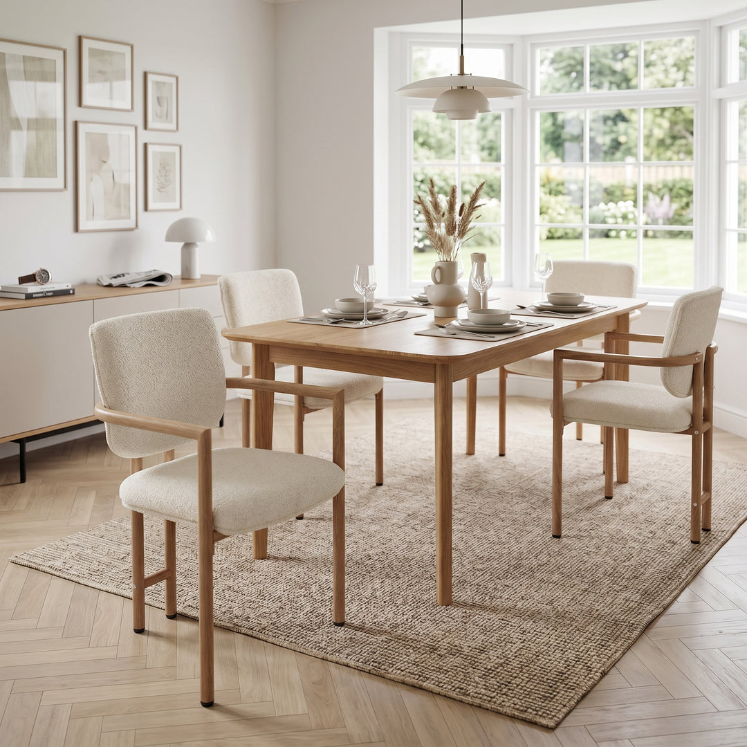 Set of 4 dining chairs with bouclé beige upholstery wooden look structure ASHCABINET