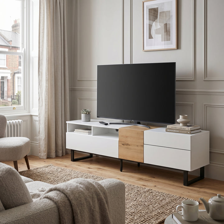 White wood TV cabinet with 2 drawers and 2 doors 180cm ASHCHEST