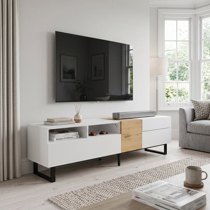White wood TV cabinet with 2 drawers and 2 doors 180cm ASHCHEST