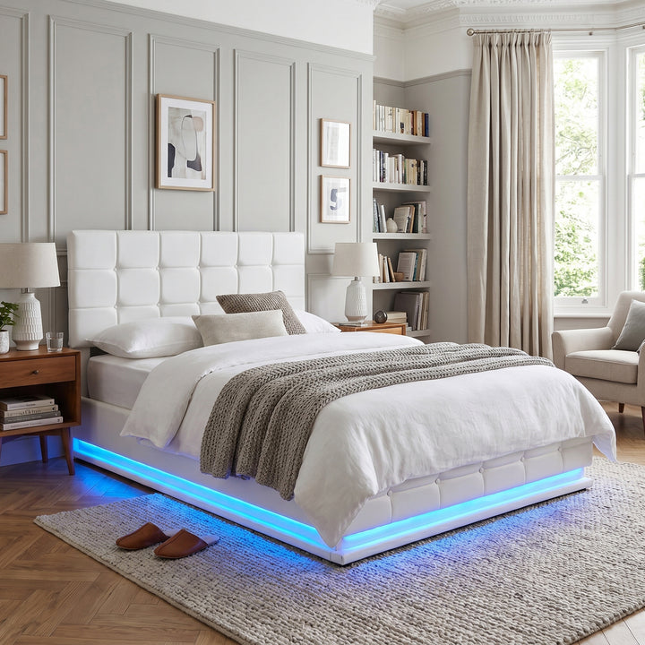 Tufted double ottoman beige PU bed frame with LED lighting 135x190cm ASHCLOCK