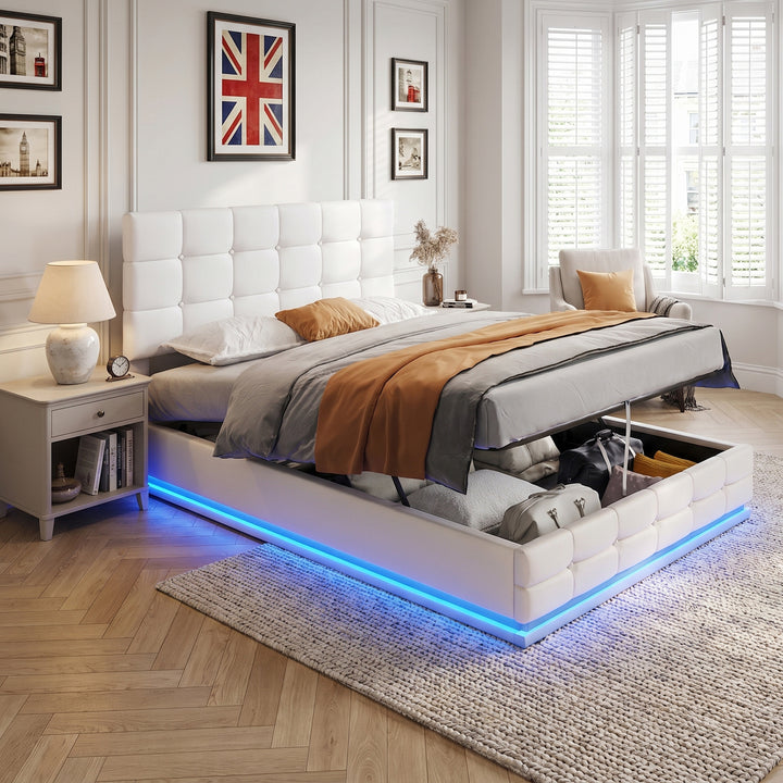 Tufted double ottoman beige PU bed frame with LED lighting 135x190cm ASHCLOCK