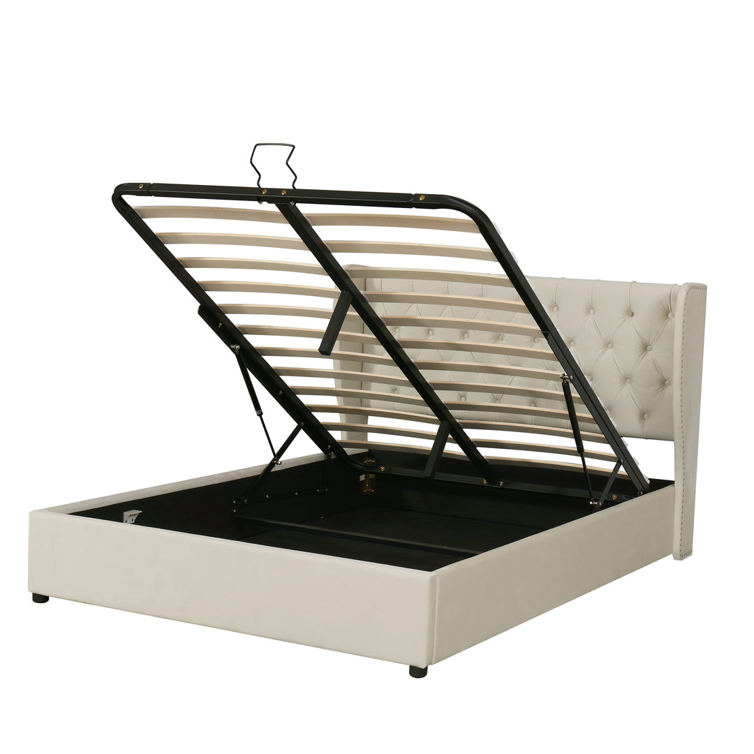 Chesterfield beige velvet upholstered storage gas lift bed (135*190cm) AZONS BEIGE DOUBLE UK