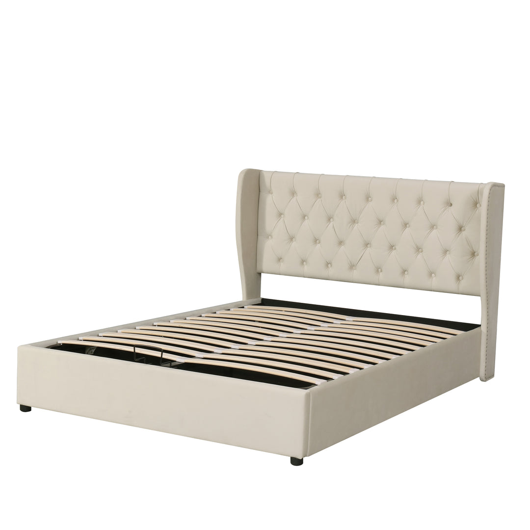 Chesterfield beige velvet upholstered storage gas lift bed (135*190cm) AZONS BEIGE DOUBLE UK
