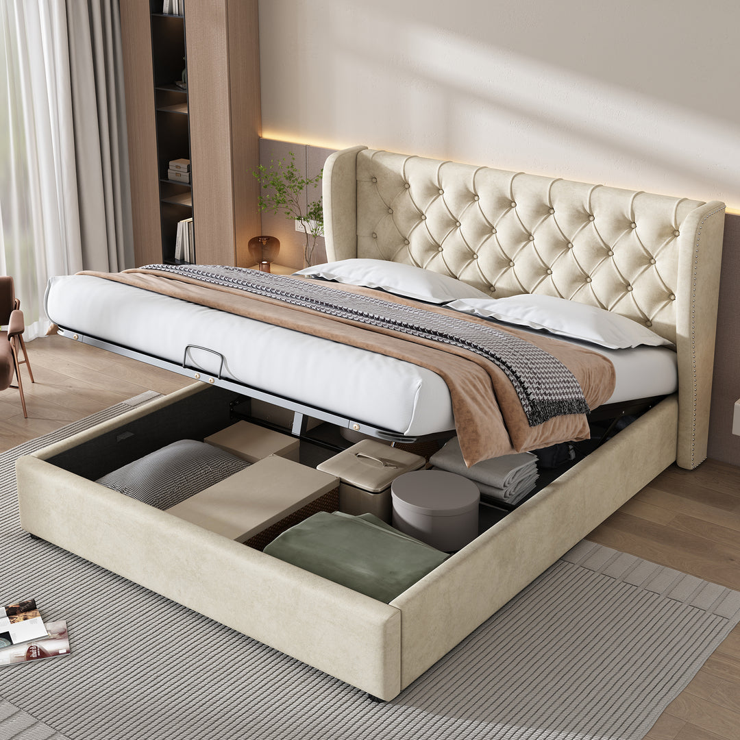 Chesterfield beige velvet upholstered storage gas lift bed (135*190cm) AZONS BEIGE DOUBLE UK