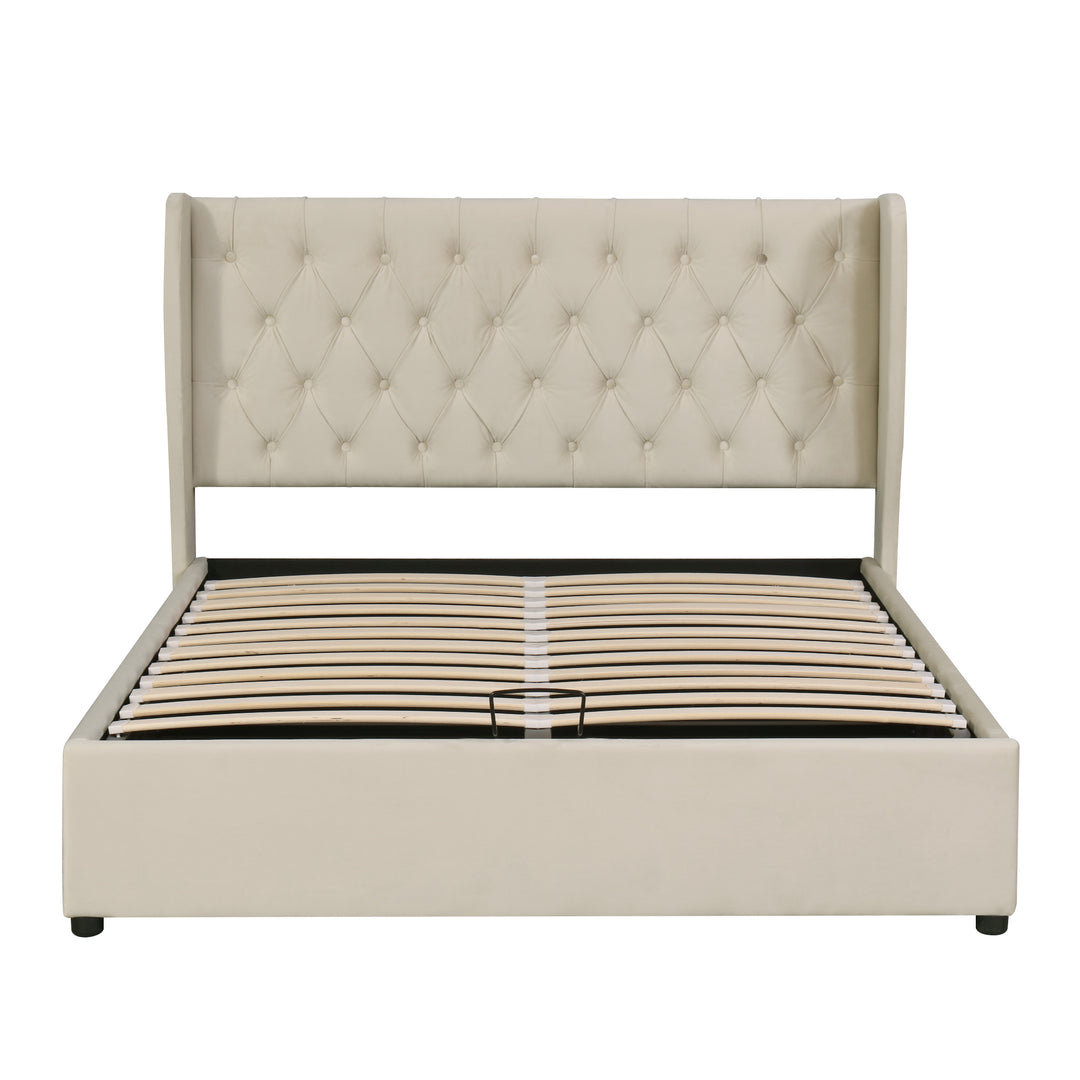 Chesterfield beige velvet upholstered storage gas lift bed (135*190cm) AZONS BEIGE DOUBLE UK