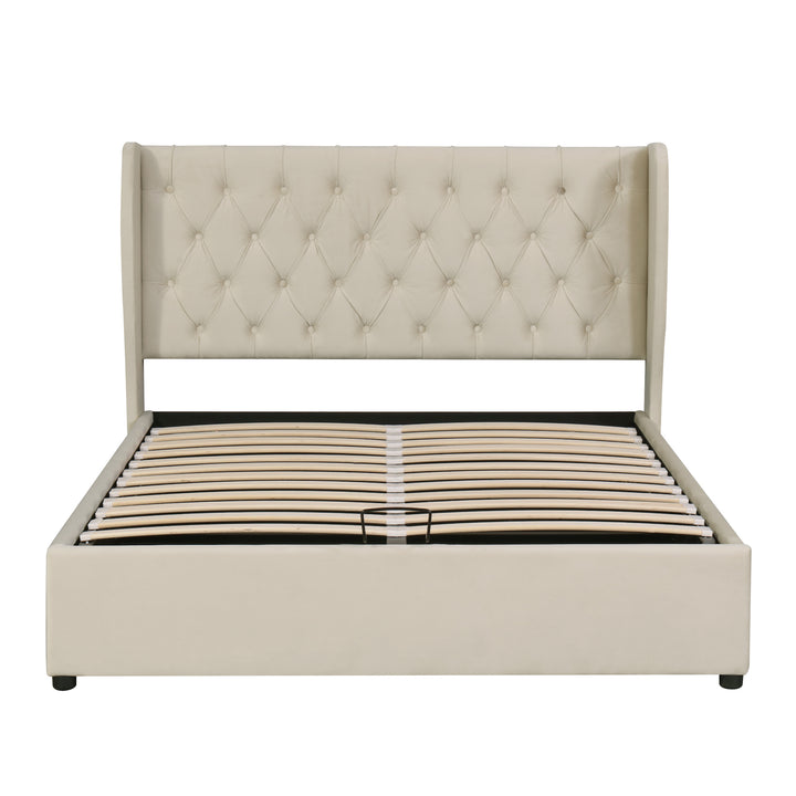 Chesterfield beige velvet upholstered storage gas lift bed (135*190cm) AZONS BEIGE DOUBLE UK