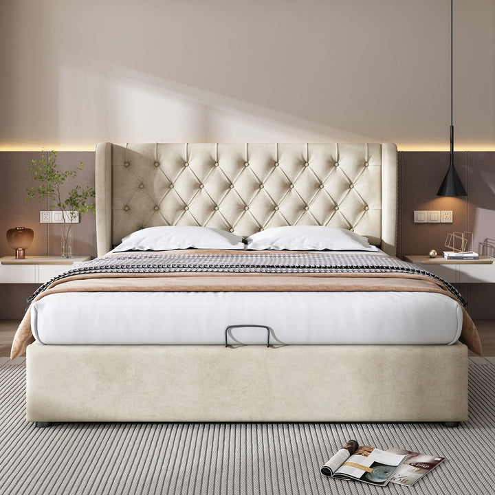 Chesterfield beige velvet upholstered storage gas lift bed (135*190cm) AZONS BEIGE DOUBLE UK