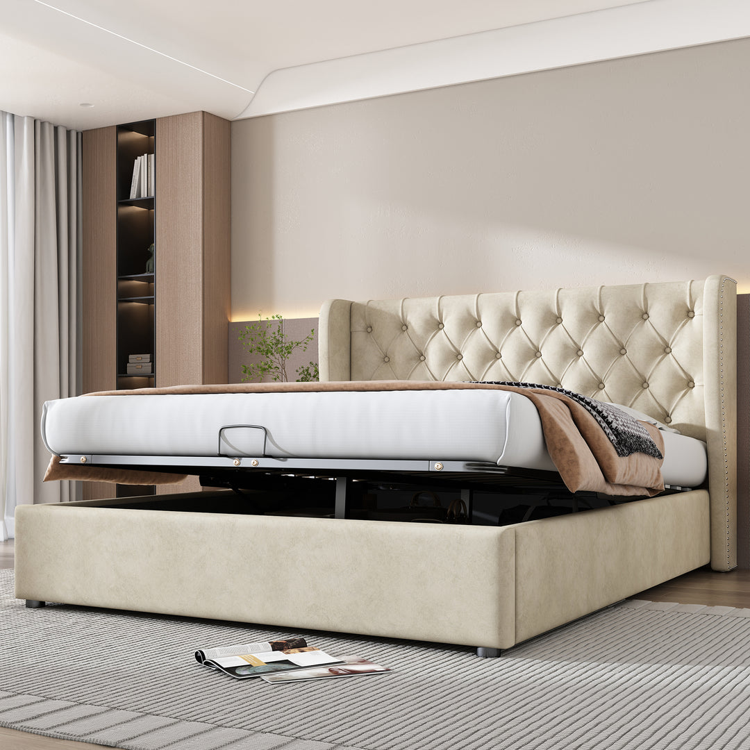 Chesterfield beige velvet upholstered storage gas lift bed (135*190cm) AZONS BEIGE DOUBLE UK
