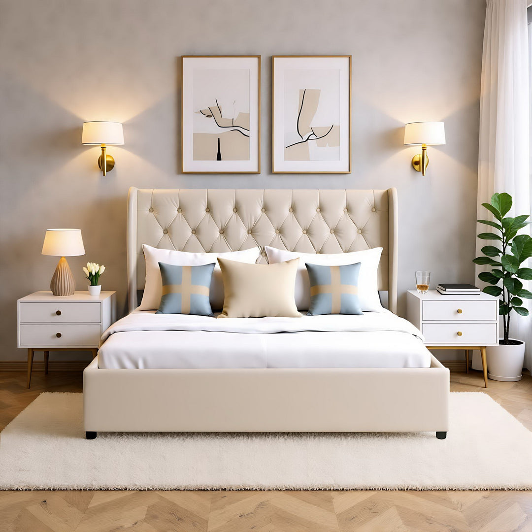 Chesterfield beige velvet upholstered storage gas lift bed (135*190cm) AZONS BEIGE DOUBLE UK