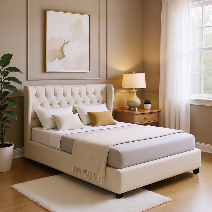 Chesterfield beige velvet upholstered storage gas lift bed (135*190cm) AZONS BEIGE DOUBLE UK