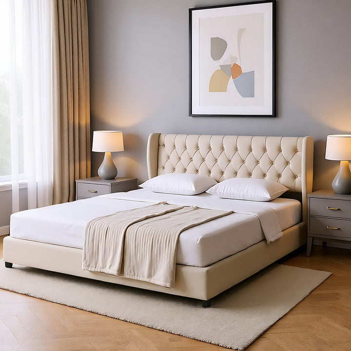 Chesterfield beige velvet upholstered storage gas lift bed (135*190cm) AZONS BEIGE DOUBLE UK