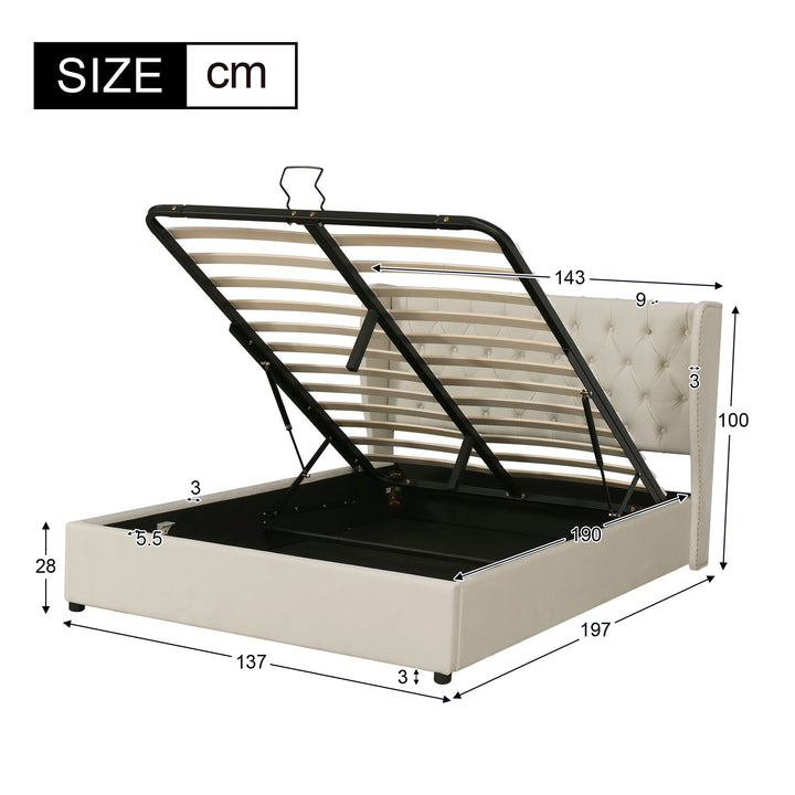 Chesterfield beige velvet upholstered storage gas lift bed (135*190cm) AZONS BEIGE DOUBLE UK