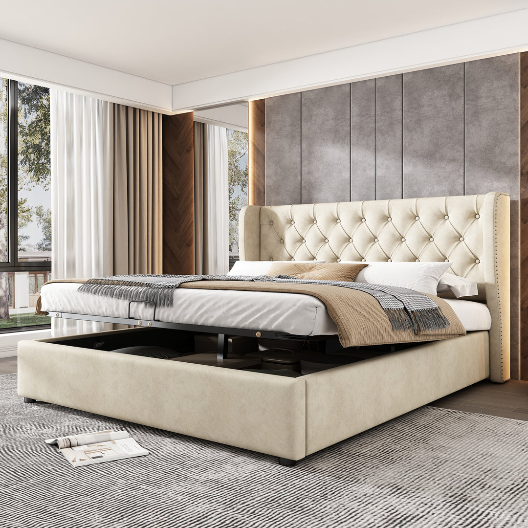 Chesterfield beige velvet upholstered storage gas lift bed (135*190cm) AZONS BEIGE DOUBLE UK