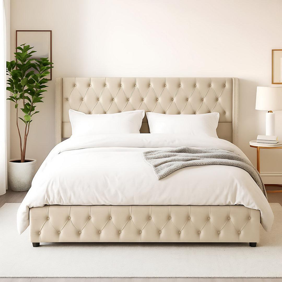 Chesterfield beige velvet upholstered storage gas lift bed (150*200cm) AZONS BEIGE KING UK