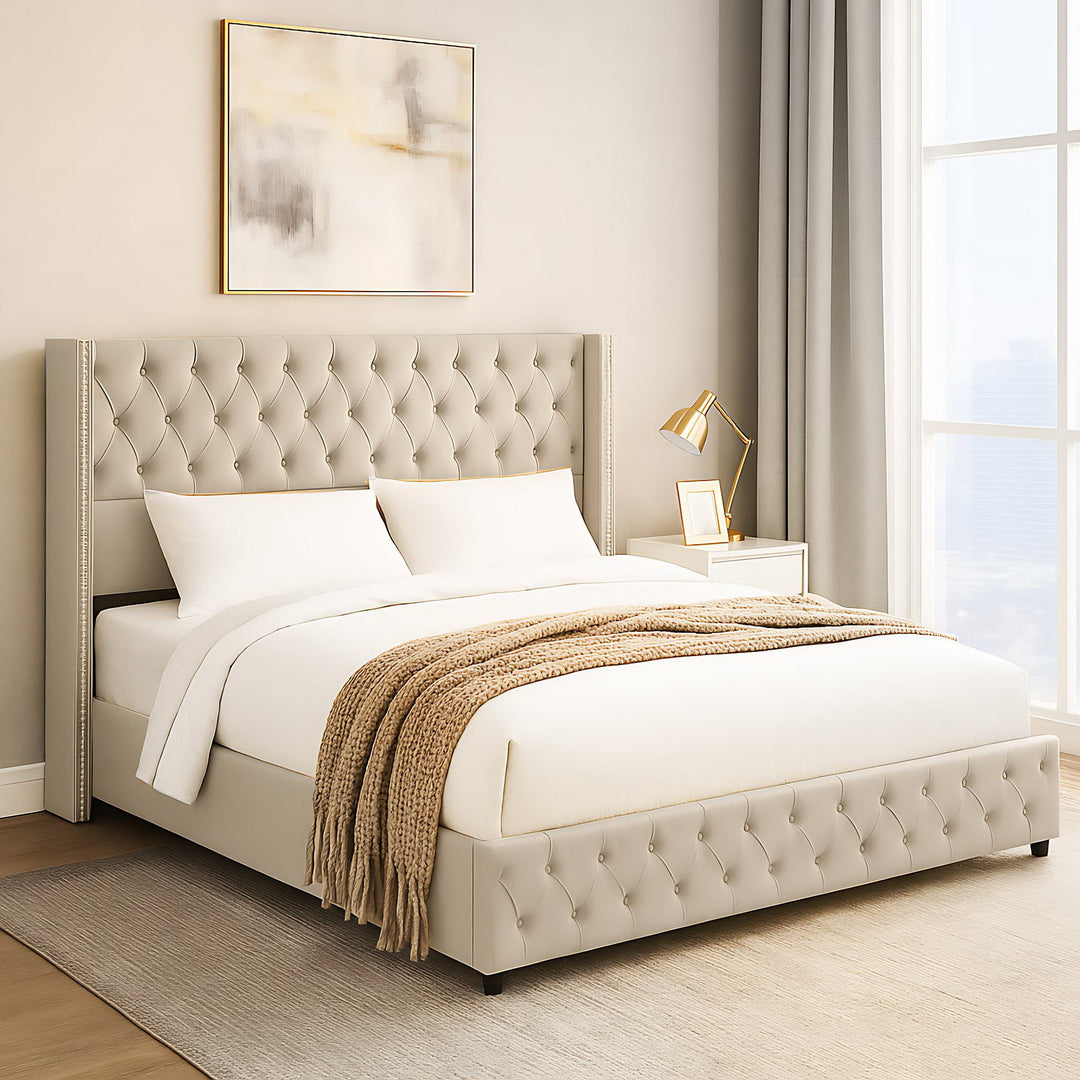 Chesterfield beige velvet upholstered storage gas lift bed (150*200cm) AZONS BEIGE KING UK