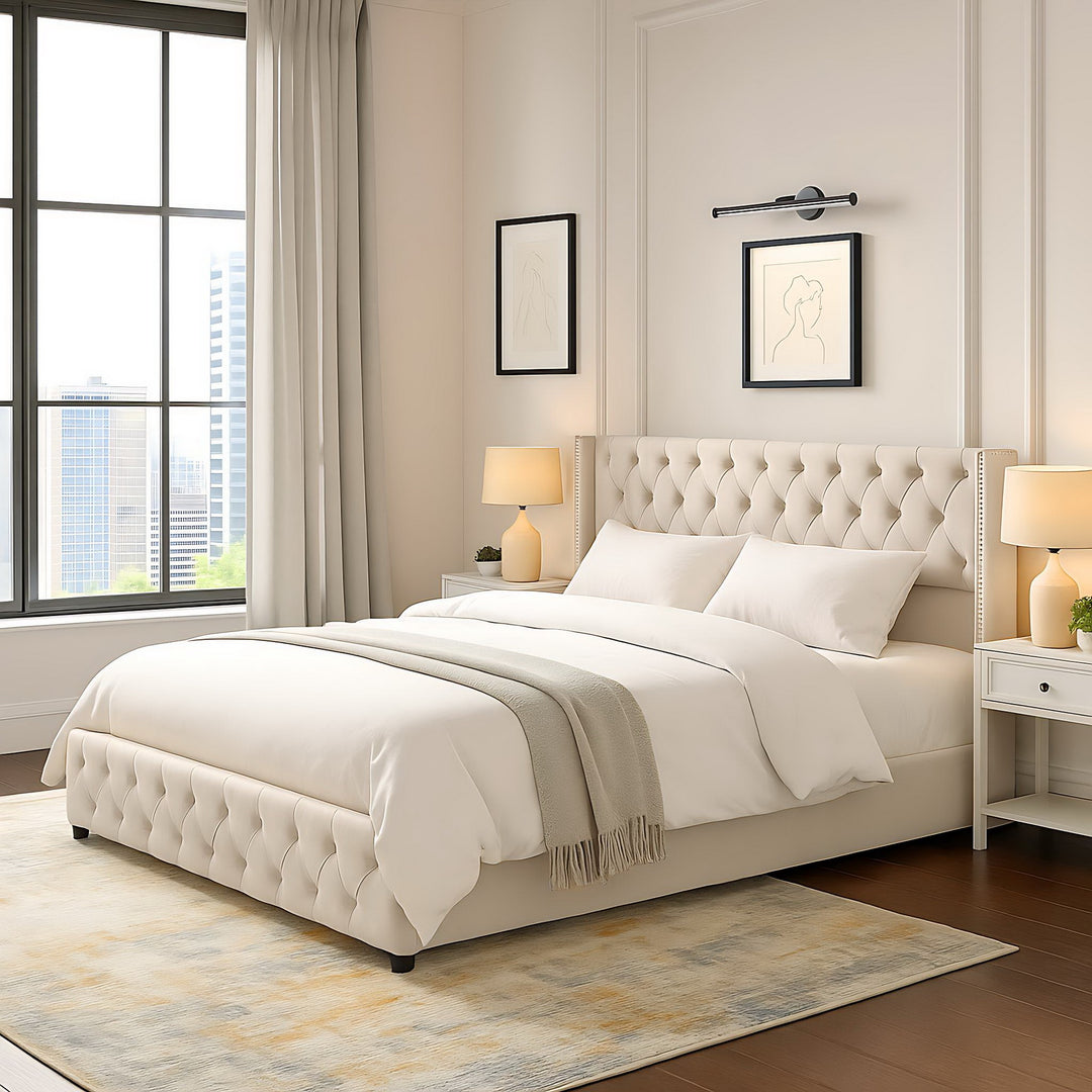 Chesterfield beige velvet upholstered storage gas lift bed (150*200cm) AZONS BEIGE KING UK