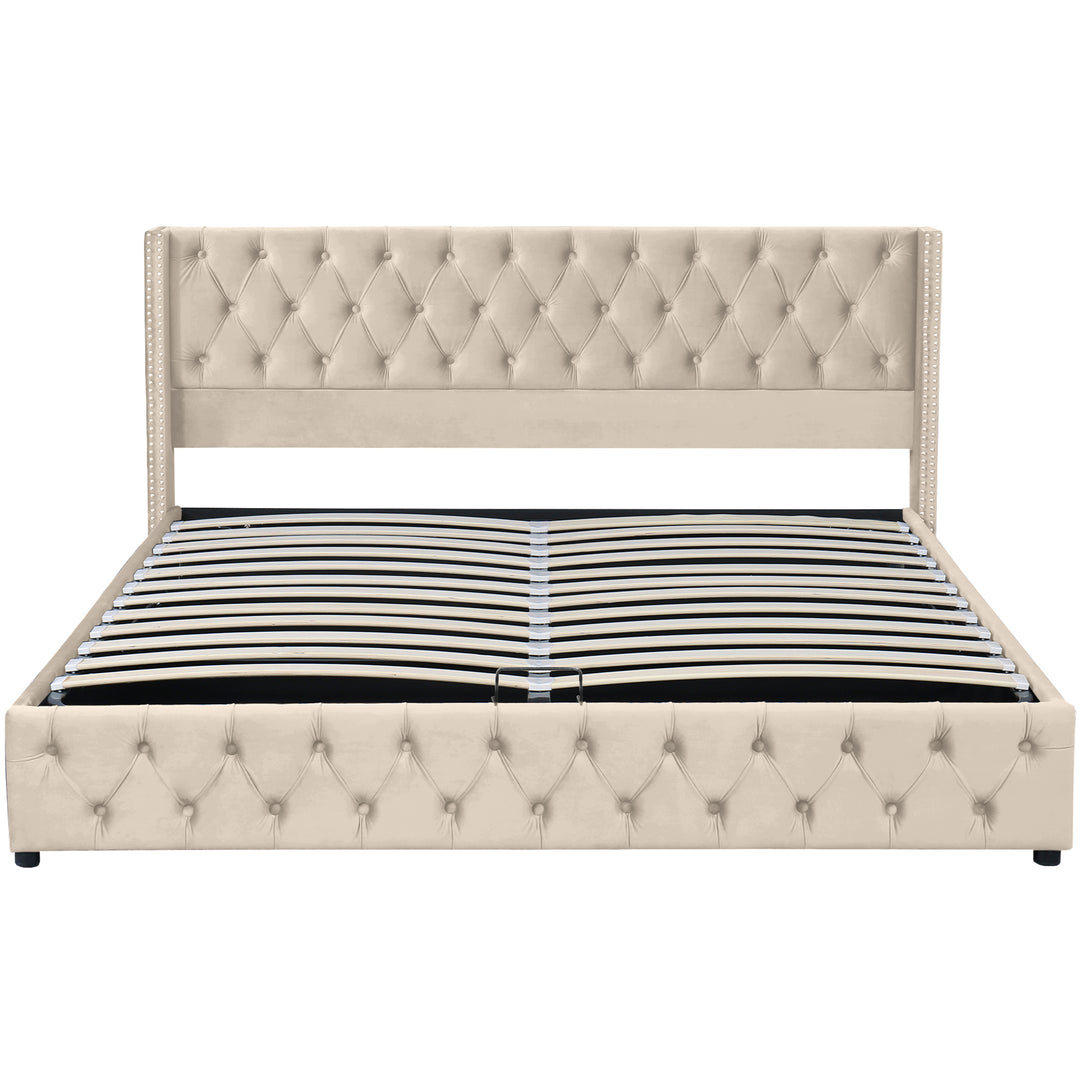 Chesterfield beige velvet upholstered storage gas lift bed (150*200cm) AZONS BEIGE KING UK