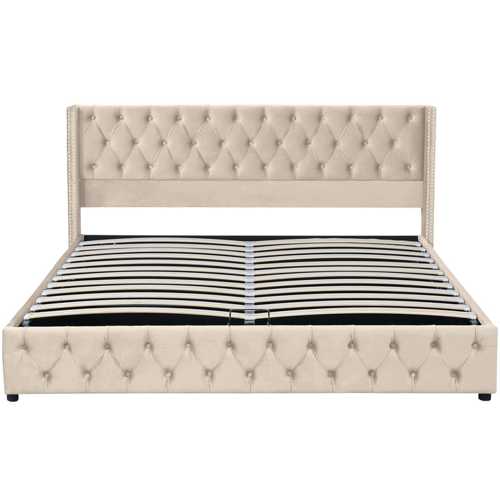 Chesterfield beige velvet upholstered storage gas lift bed (150*200cm) AZONS BEIGE KING UK