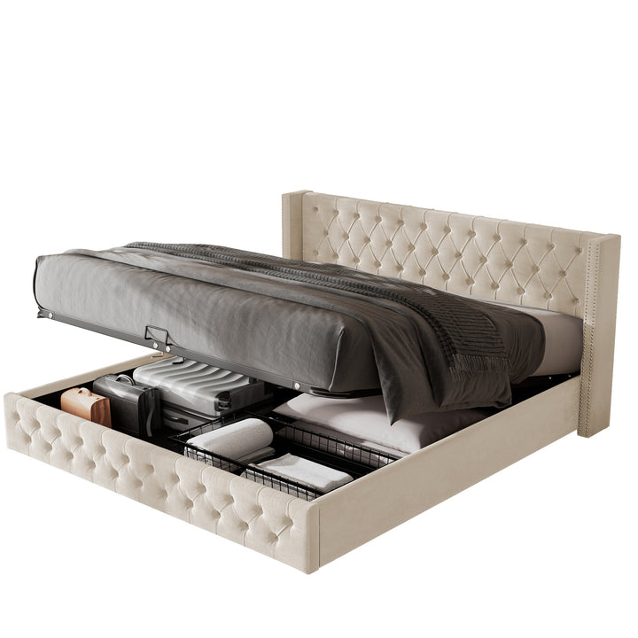 Chesterfield beige velvet upholstered storage gas lift bed (150*200cm) AZONS BEIGE KING UK
