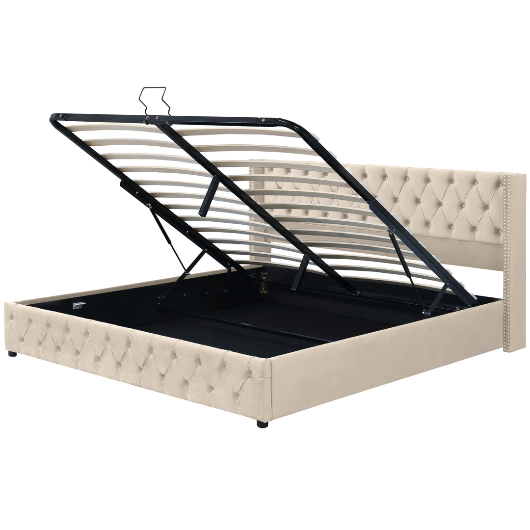 Chesterfield beige velvet upholstered storage gas lift bed (150*200cm) AZONS BEIGE KING UK