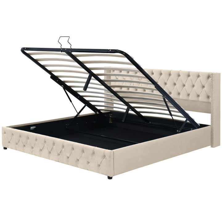 Chesterfield beige velvet upholstered storage gas lift bed (150*200cm) AZONS BEIGE KING UK