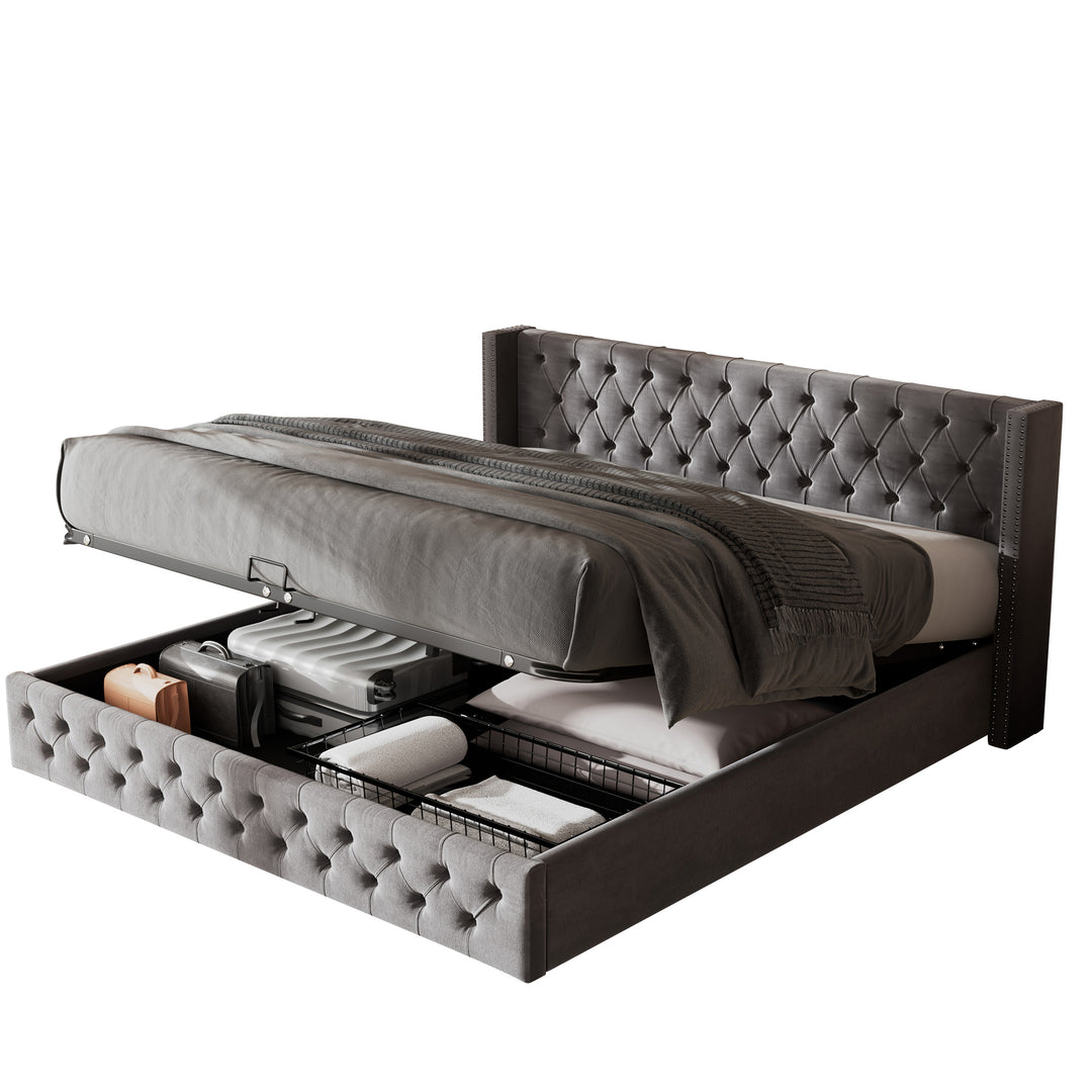 Chesterfield beige velvet upholstered storage gas lift bed (150*200cm) AZONS GREY KING UK