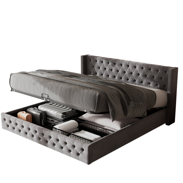 Chesterfield beige velvet upholstered storage gas lift bed (150*200cm) AZONS GREY KING UK