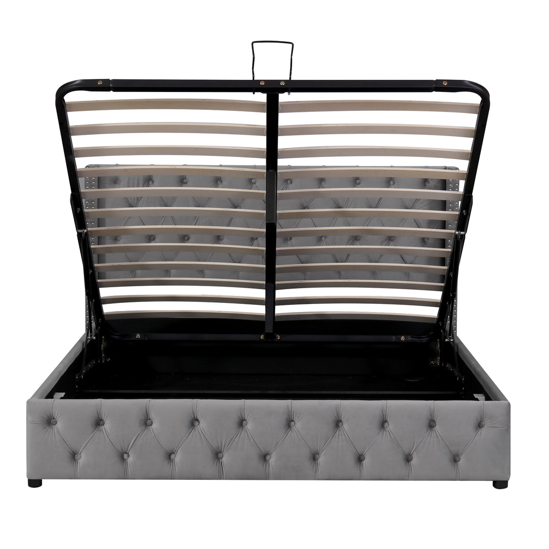 Chesterfield beige velvet upholstered storage gas lift bed (150*200cm) AZONS GREY KING UK