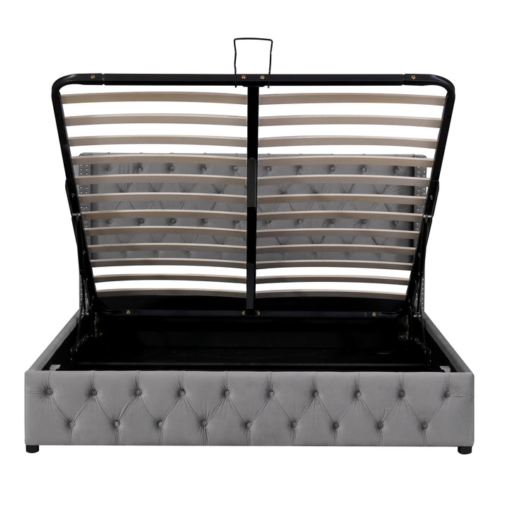 Chesterfield beige velvet upholstered storage gas lift bed (150*200cm) AZONS GREY KING UK