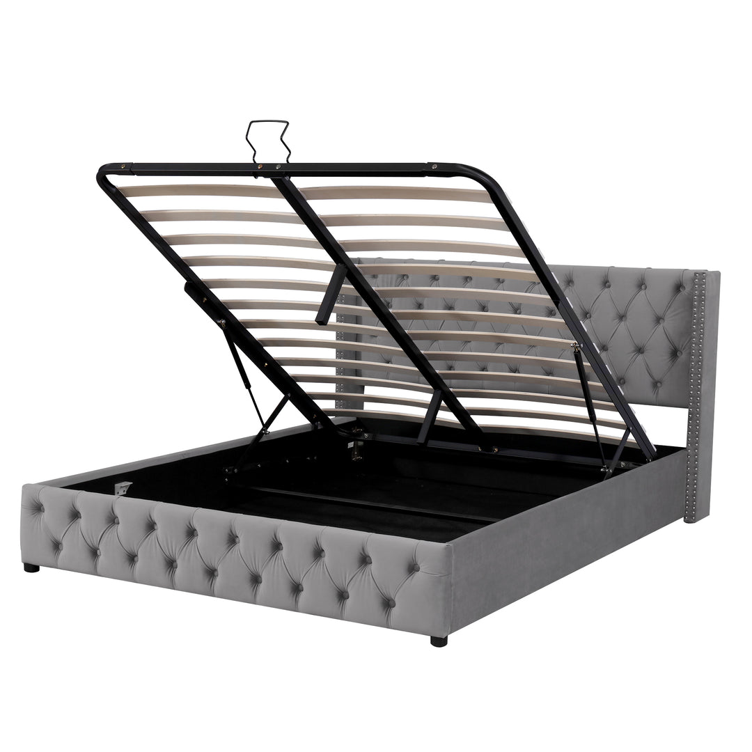 Chesterfield beige velvet upholstered storage gas lift bed (150*200cm) AZONS GREY KING UK