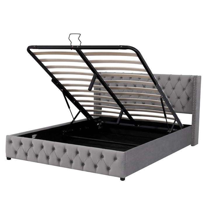 Chesterfield beige velvet upholstered storage gas lift bed (150*200cm) AZONS GREY KING UK