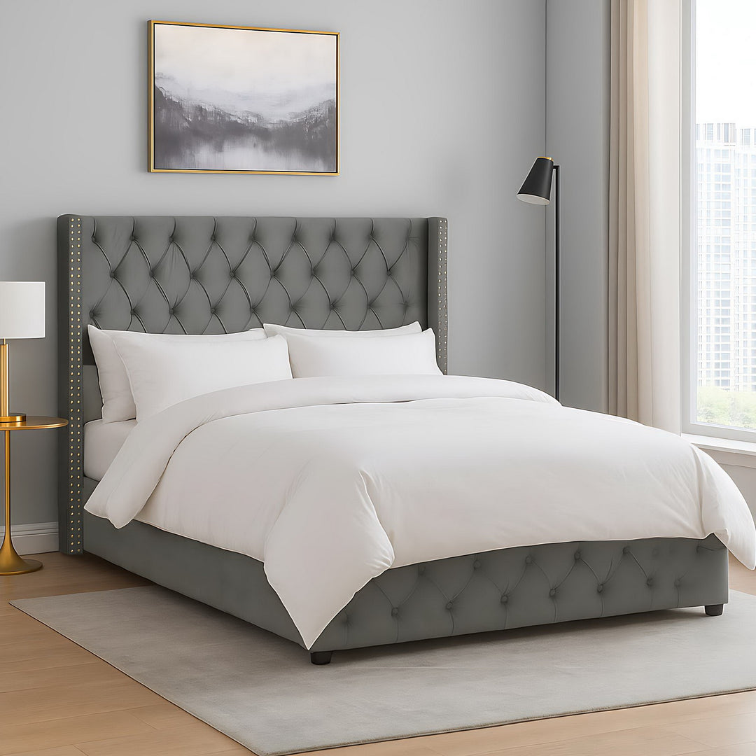 Chesterfield beige velvet upholstered storage gas lift bed (150*200cm) AZONS GREY KING UK