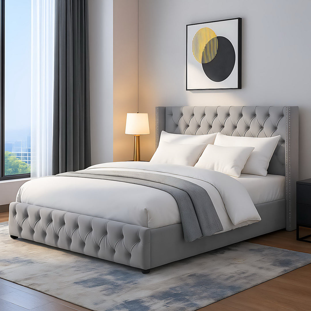 Chesterfield beige velvet upholstered storage gas lift bed (150*200cm) AZONS GREY KING UK