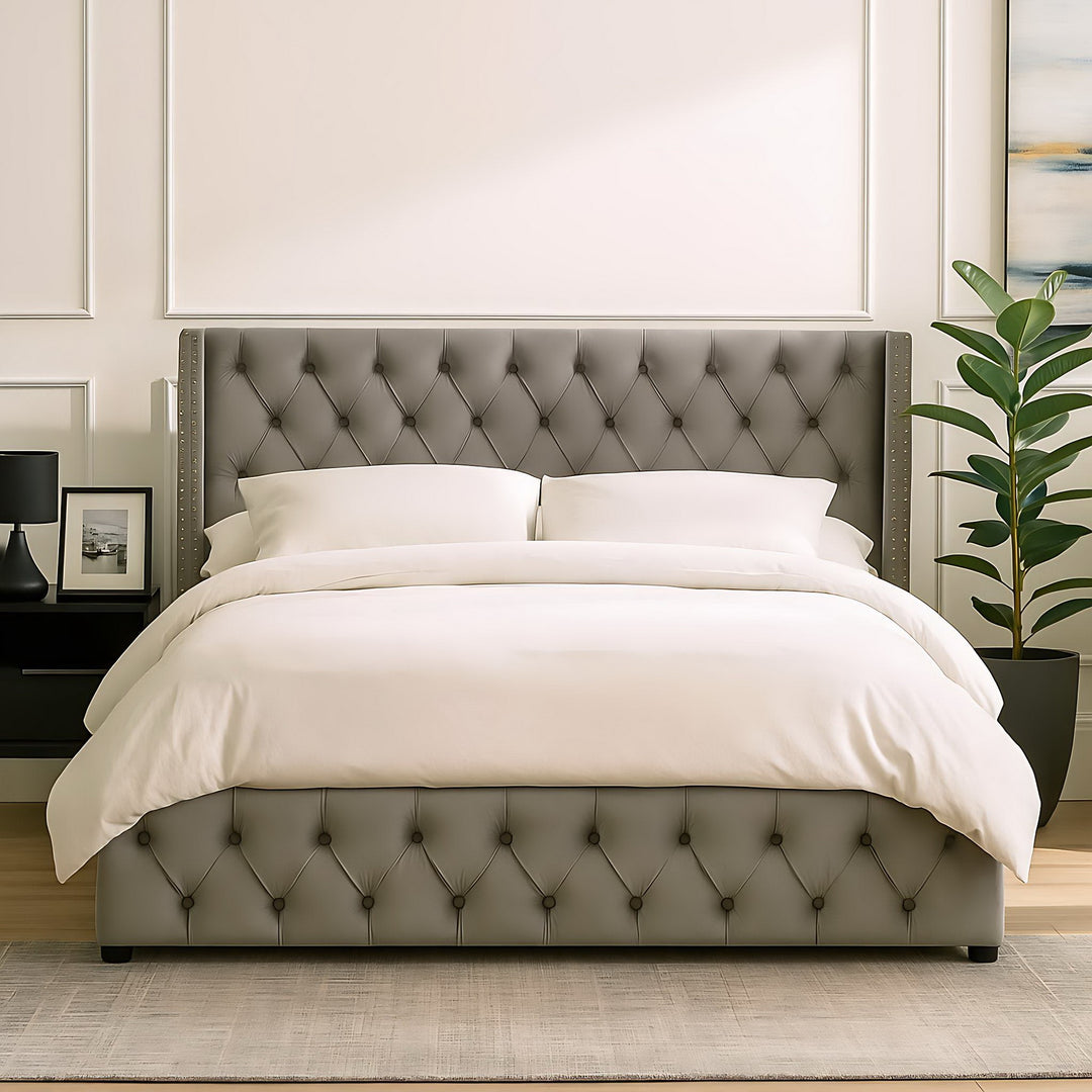 Chesterfield beige velvet upholstered storage gas lift bed (150*200cm) AZONS GREY KING UK