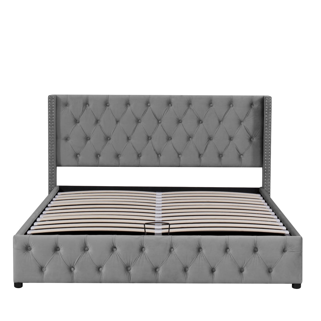 Chesterfield beige velvet upholstered storage gas lift bed (150*200cm) AZONS GREY KING UK