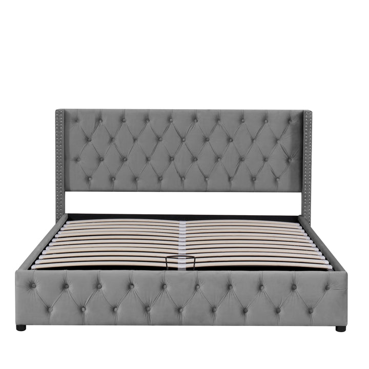 Chesterfield beige velvet upholstered storage gas lift bed (150*200cm) AZONS GREY KING UK