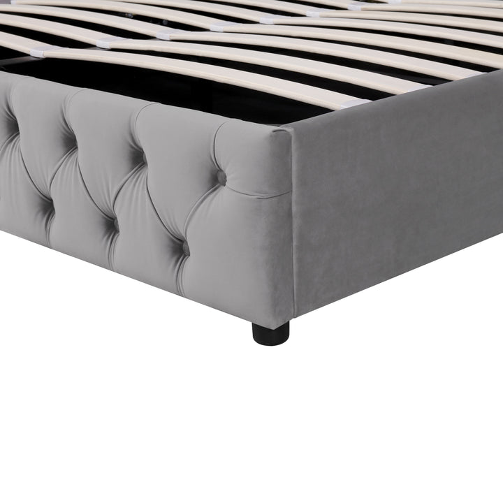 Chesterfield beige velvet upholstered storage gas lift bed (150*200cm) AZONS GREY KING UK