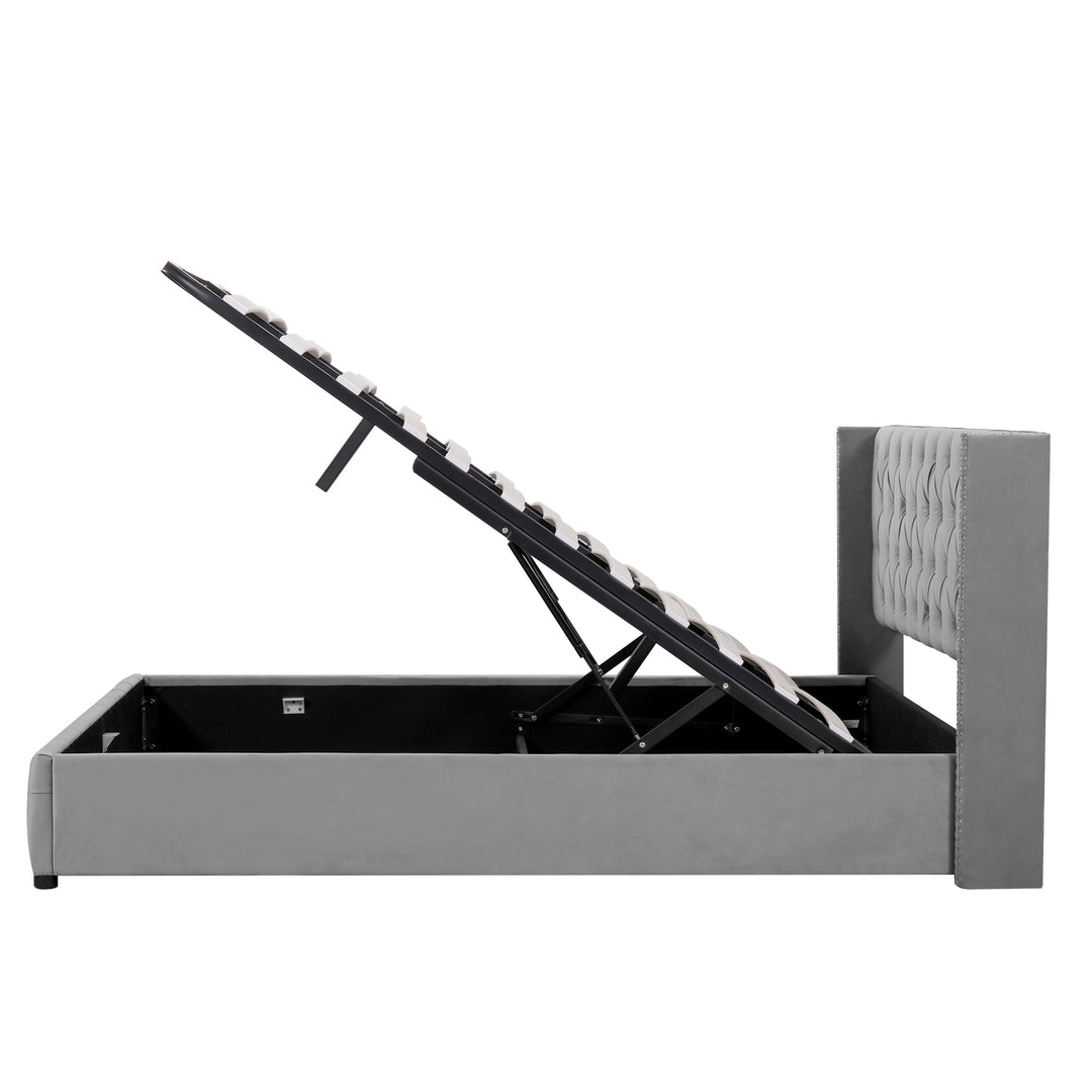 Chesterfield beige velvet upholstered storage gas lift bed (150*200cm) AZONS GREY KING UK