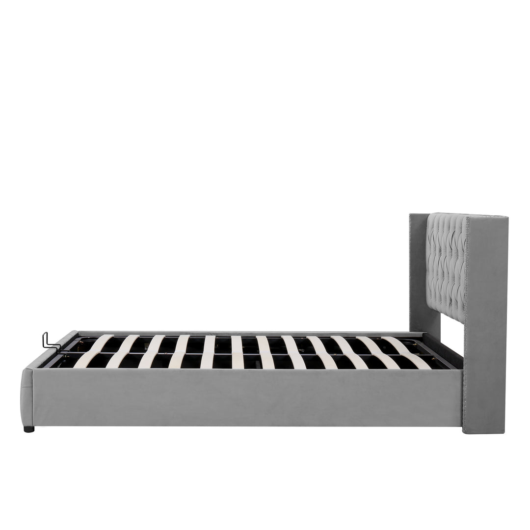 Chesterfield beige velvet upholstered storage gas lift bed (150*200cm) AZONS GREY KING UK