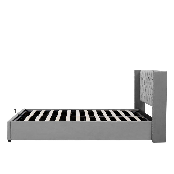 Chesterfield beige velvet upholstered storage gas lift bed (150*200cm) AZONS GREY KING UK