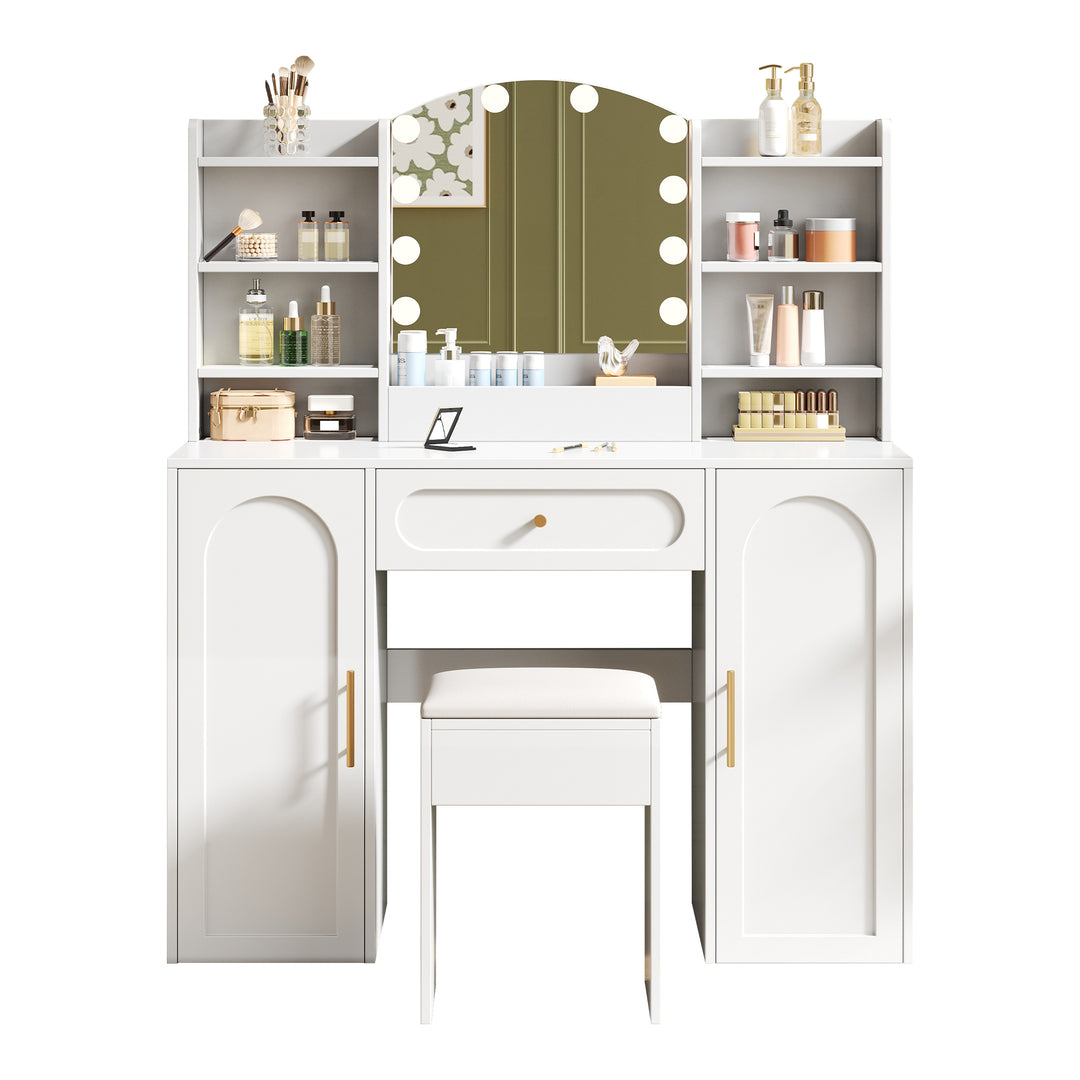 Modern white vanity makeup table with stool, LED mirror 110x40x132cm ELEGANT TABLE SET