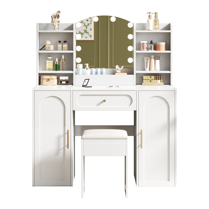 Modern white vanity makeup table with stool, LED mirror 110x40x132cm ELEGANT TABLE SET