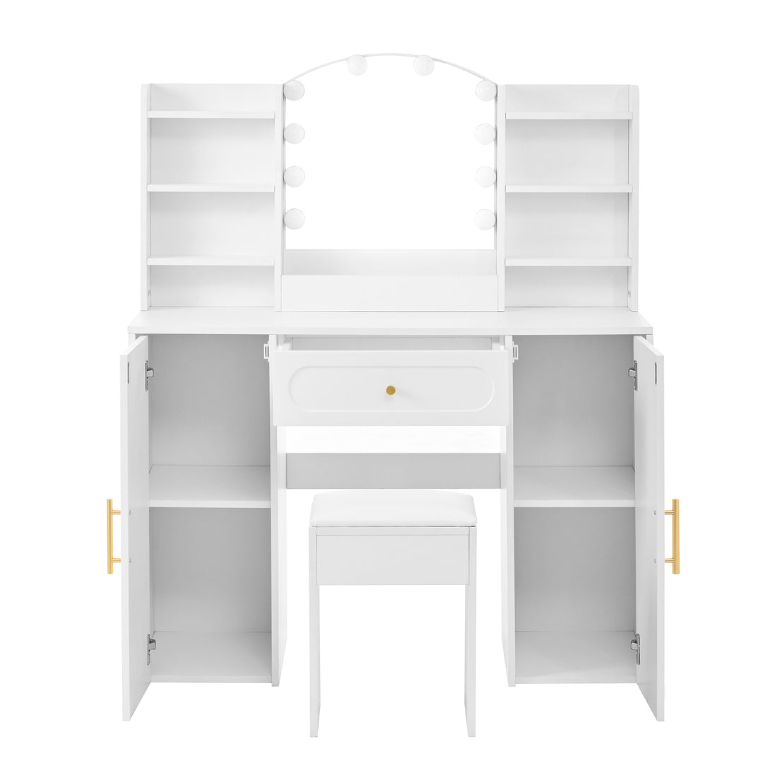Modern white vanity makeup table with stool, LED mirror 110x40x132cm ELEGANT TABLE SET