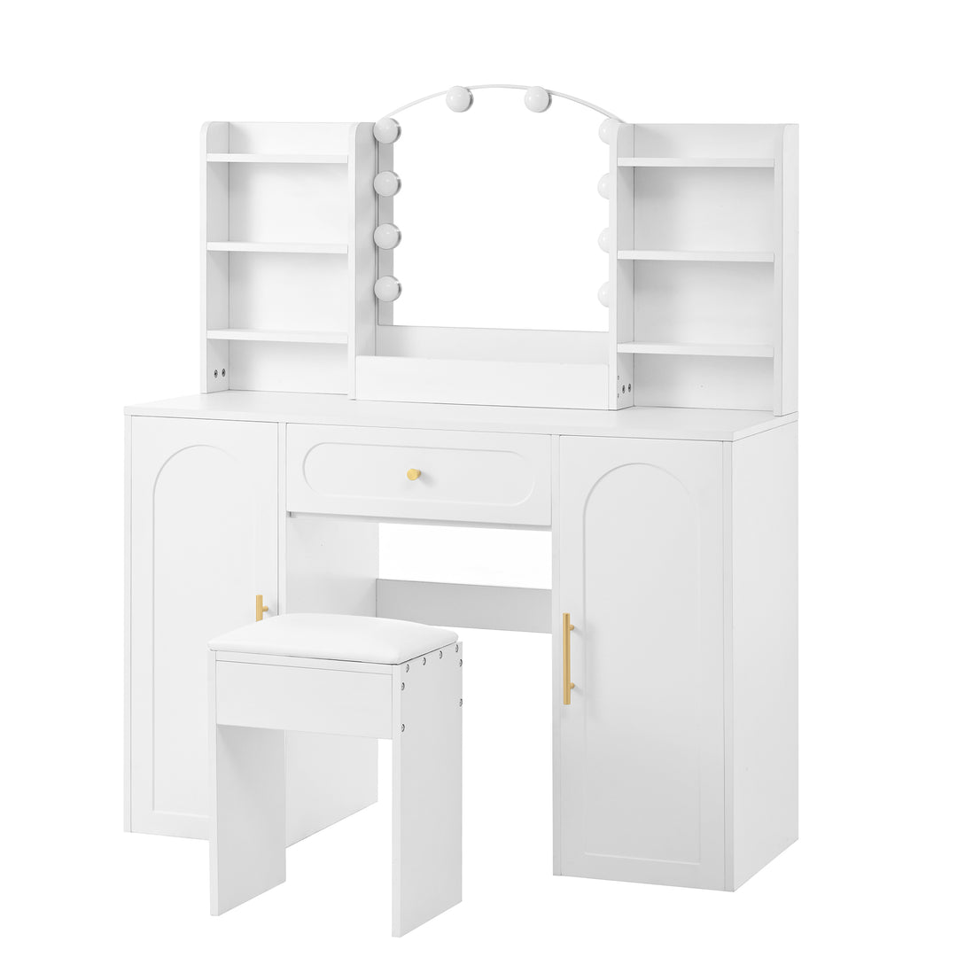 Modern white vanity makeup table with stool, LED mirror 110x40x132cm ELEGANT TABLE SET