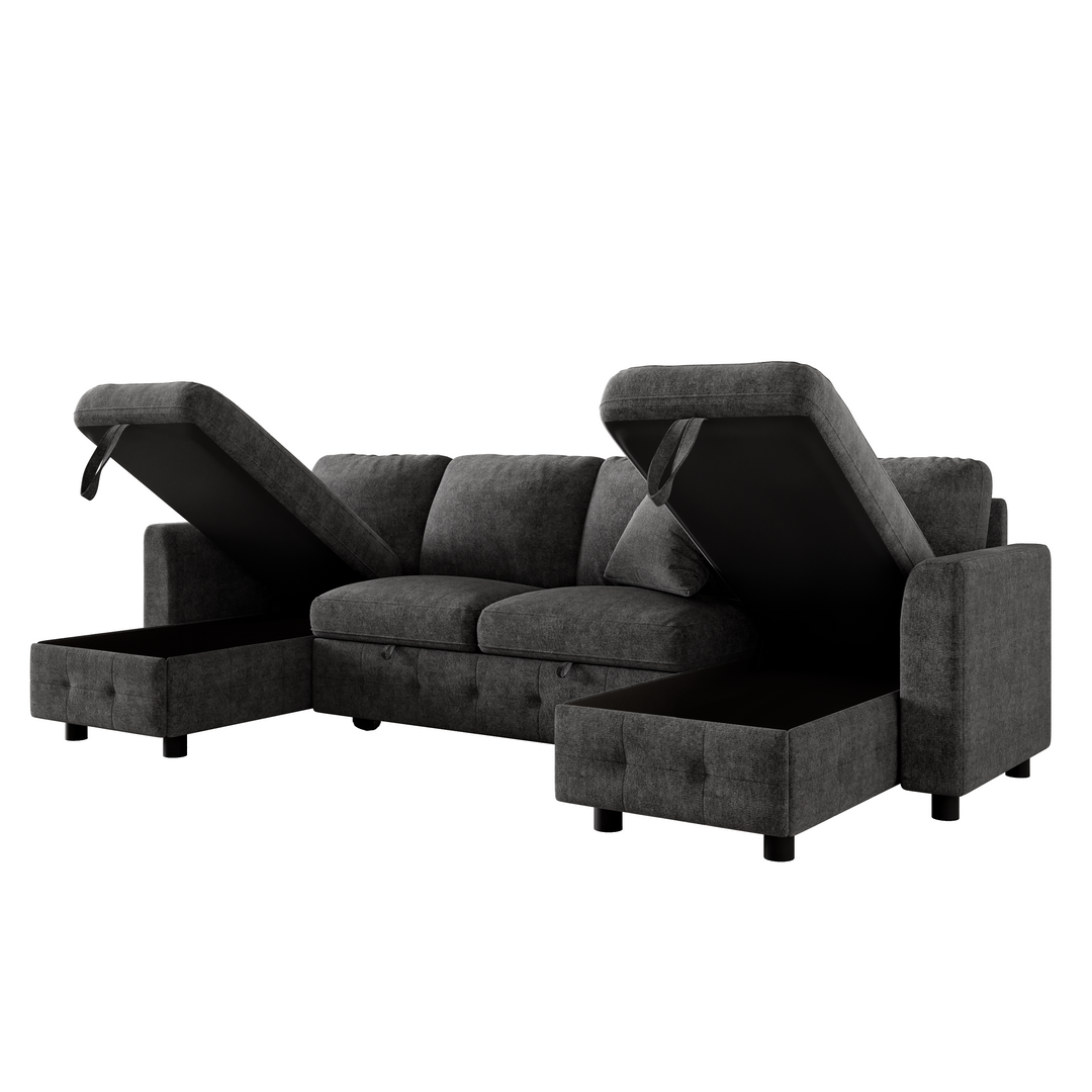 U-Shaped Sectional Sofa Grey Chenille with Pull-Out Bed &amp; 2 Storage Chaises 260cm ARROWCABINET